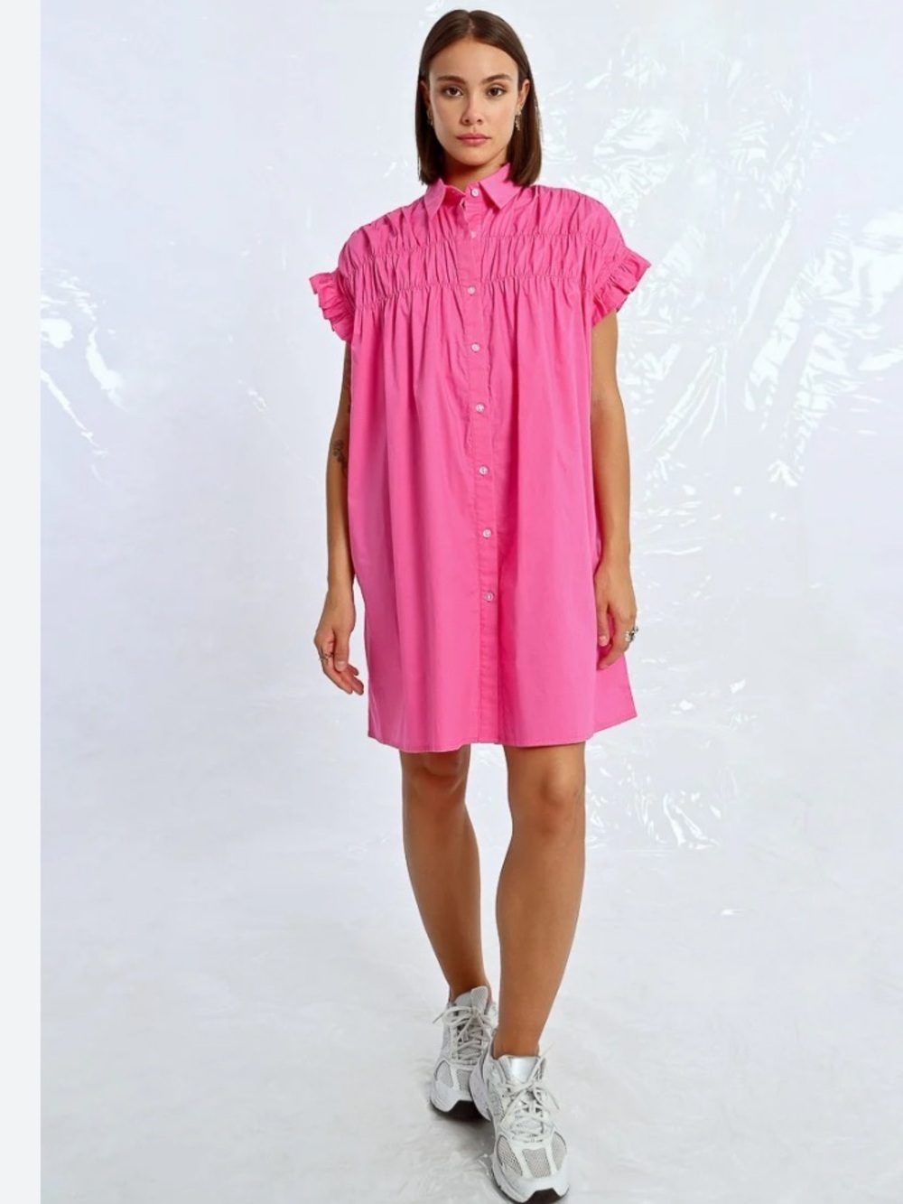 Lili Sidonio Pink Ruffled Button-Front Mini Shirt Dress